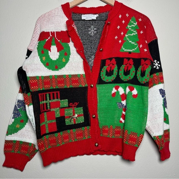 VTG Sweater Loft Women Cardigan Medium Christmas‎ Patchwork Presents Candy Cane - Picture 1 of 15